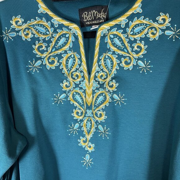 Bob Mackie Wearable Art Top Women's XL Turquoise Stretch Paisley Embroidered NWT - Picture 5 of 9
